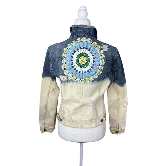 Gap Jacket Womens Size M Blue Ombre Crochet Boho Distressed Upcycled Trucker - Picture 5 of 14